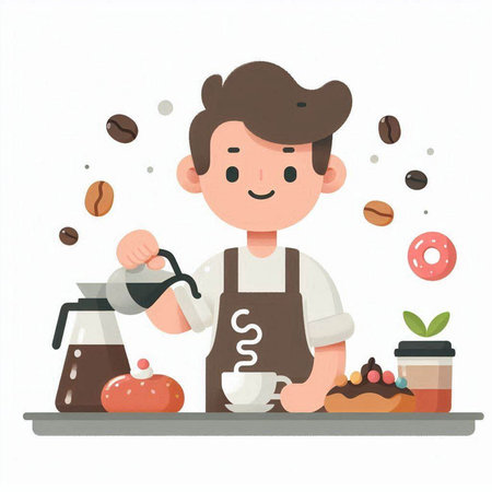 Coffee shop. A man in apron preparing coffee. Vector illustrationのイラスト素材