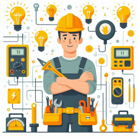 Electrician with tools and instruments in flat style. Vector illustration.のイラスト素材