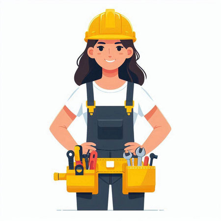 Female construction worker with tools. Vector illustration in a flat style.のイラスト素材