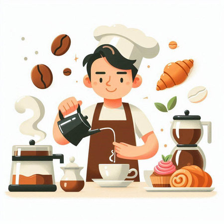 Coffee shop concept. Vector illustration of a man preparing coffee.のイラスト素材