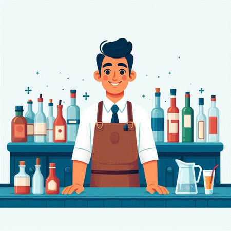 Bartender standing at the bar counter. Vector illustration in cartoon styleのイラスト素材