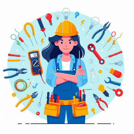 Female electrician with instruments. Vector illustration in flat cartoon style.のイラスト素材