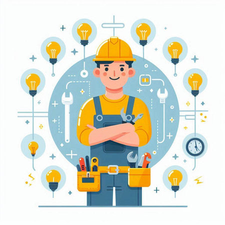 Builder with tools. Repairman in helmet and overalls. Vector illustrationのイラスト素材