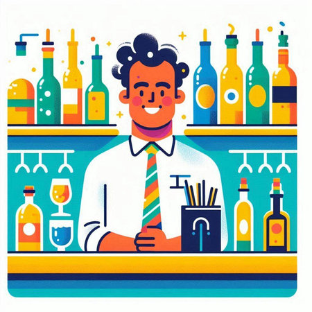 Bartender at the bar. Colorful flat vector illustration.のイラスト素材