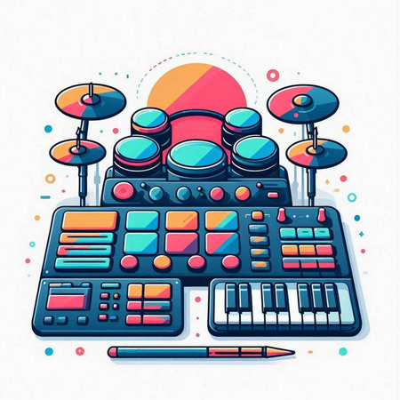 Dj console and drum kit. Vector illustration in cartoon style.のイラスト素材