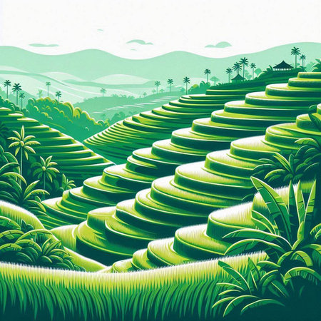 Green rice terraces with coconut palm trees in the background. Vector illustration.のイラスト素材