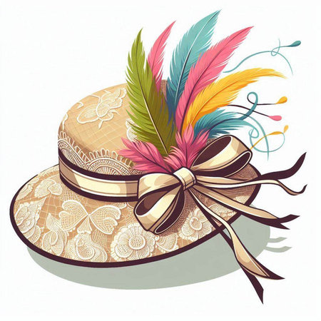 Women's hat with feathers and bow on a white background. Vector illustration.のイラスト素材