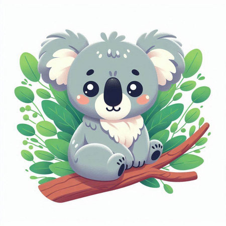 Cute cartoon koala sitting on a tree branch. Vector illustration.のイラスト素材