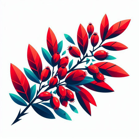 Illustration of rosehip branch with red berries on a white backgroundのイラスト素材