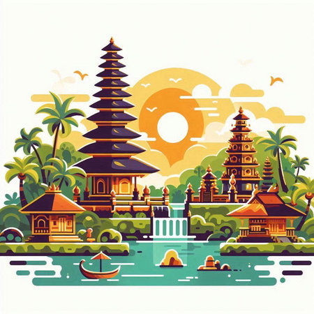 Landscape of Pura Ulun Danu Bratan temple in Bali, Indonesiaのイラスト素材