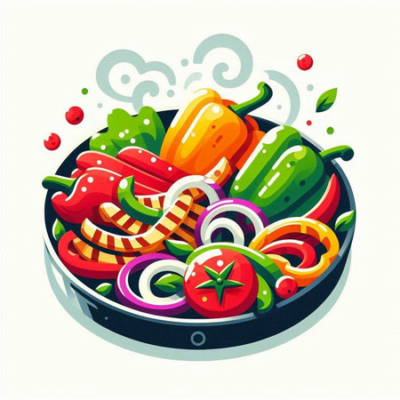 Vector illustration of a frying pan with vegetables. Vegetarian food.のイラスト素材