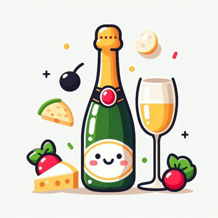 Cute bottle of champagne with cheese and fruits, vector illustration.のイラスト素材