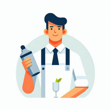 Bartender with a shaker in his hand. Vector flat illustration.のイラスト素材