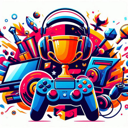 Retro style illustration of a video game controller with a trophy on a colorful background.のイラスト素材