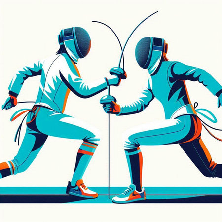 Fencing athletes with fencing equipment. Colorful vector illustration in retro styleのイラスト素材