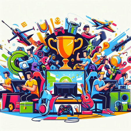 Colorful illustration of a group of people playing video games. Vector illustrationのイラスト素材