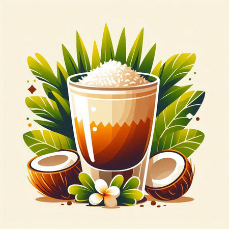 Coconut milk shake with fresh coconut and flower. Vector illustration.のイラスト素材