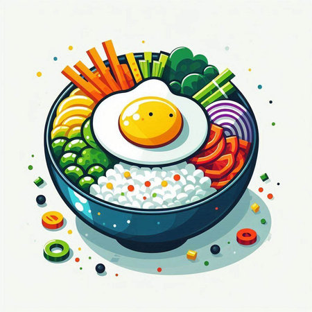 Bowl with rice, fried egg and vegetables. Vector illustration.のイラスト素材