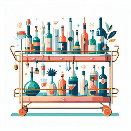 Vector illustration of a bar counter with bottles of wine and glasses.のイラスト素材