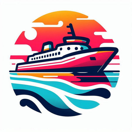 Cruise ship on the sea at sunset. Vector illustration of a ship in the sea.のイラスト素材