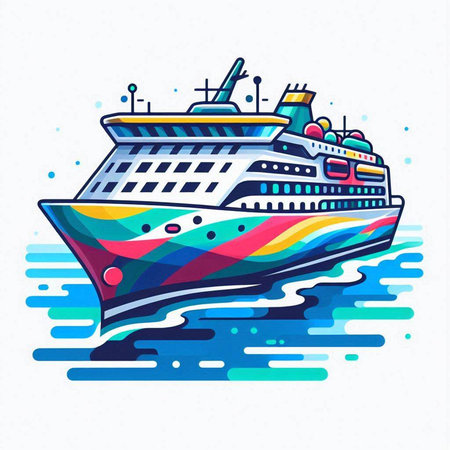 Cruise ship colorful vector illustration isolated on white background. Sea travel, cruise liner transportation.のイラスト素材