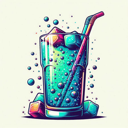 Cocktail with ice cubes and straw in glass. Vector illustration.のイラスト素材