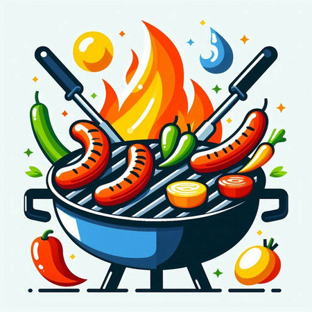 Barbecue grill with sausages and vegetables. Vector illustration.のイラスト素材