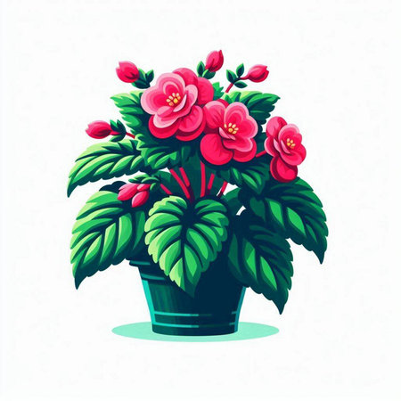 Flowerpot with red begonia on a white background. Vector illustration.のイラスト素材