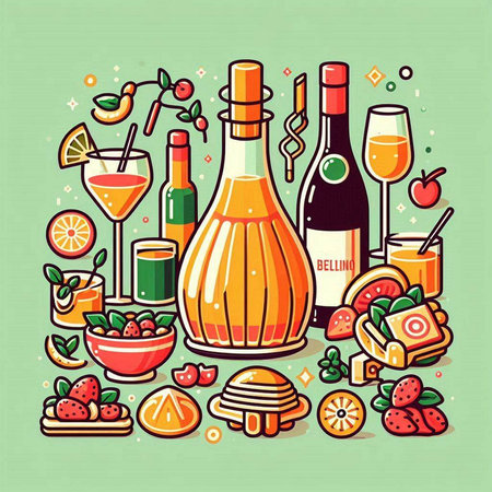 Vector illustration of a bottle of wine, glasses and fruits on a green background.のイラスト素材