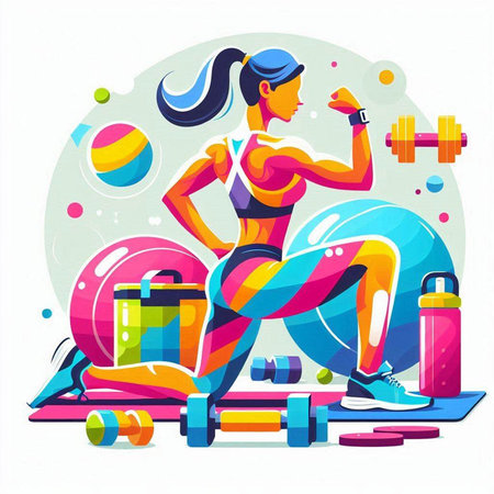 Vector illustration of a woman doing fitness exercise with dumbbells.のイラスト素材