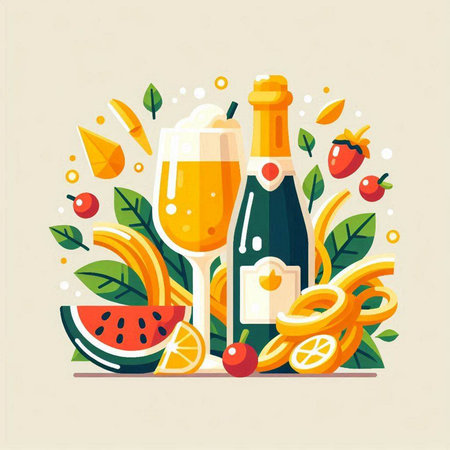 Vector illustration of a bottle of champagne, two glasses of wine, fruits, berries, ice cream. Flat style.のイラスト素材