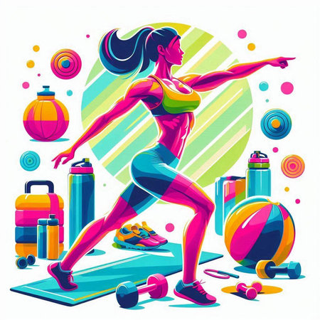 Fitness woman running in the gym. Vector illustration in cartoon styleのイラスト素材
