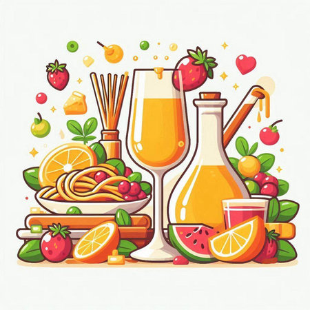 Fruit and berry drinks. Vector illustration in cartoon style.のイラスト素材