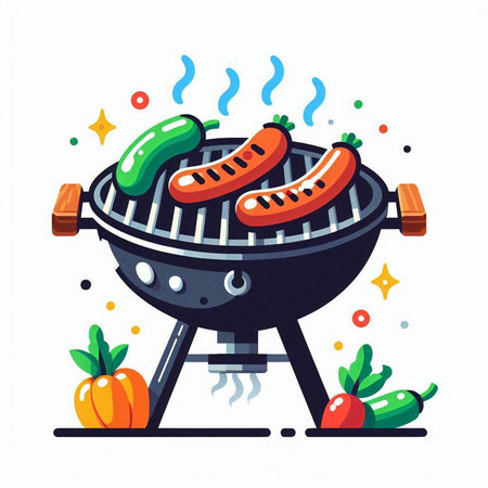 Barbecue grill with sausages and vegetables. Vector illustration.のイラスト素材
