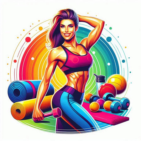 Fitness girl with dumbbells and mat. Vector illustration.のイラスト素材