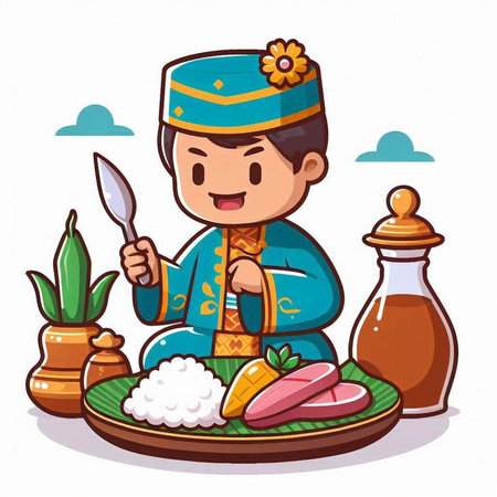 Vector cartoon illustration of a boy in national clothes eating rice and vegetablesのイラスト素材