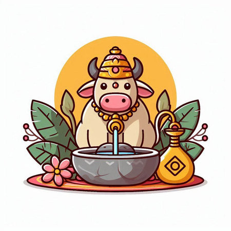 Vector illustration of a cow drinking water from a bowl with leaves.のイラスト素材