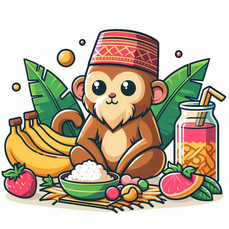 Illustration of a monkey with a bowl of rice, fruits and smoothieのイラスト素材
