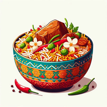 Illustration of a bowl of rice with meat, vegetables and spicesのイラスト素材