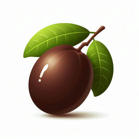 Illustration of a ripe plum with leaves on a white background.のイラスト素材