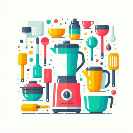 Kitchen utensils and appliances in flat style. Vector illustration.のイラスト素材