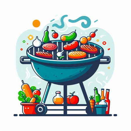 BBQ grill with meat and vegetables. Vector illustration in cartoon style.のイラスト素材