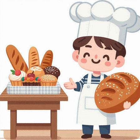 Illustration of a Kid Boy Dressed as a Chef Presenting a Freshly Baked Breadのイラスト素材