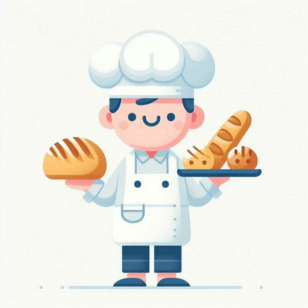 Chef holding bread and bakery products. Vector illustration in cartoon styleのイラスト素材