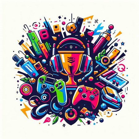 Vector illustration of Colorful Cartoon cute doodle hand drawn Robot and gaming elements, objects and symbolsのイラスト素材