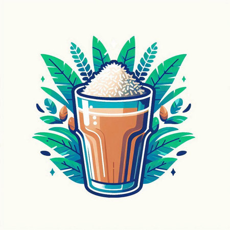 Coffee cup with grains and leaves. Vector illustration in flat style.のイラスト素材