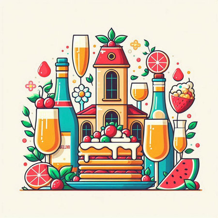 Vector illustration of Happy New Year and Merry Christmas greeting card with Champagne, cake, wine, ice cream, fruits, watermelon.のイラスト素材
