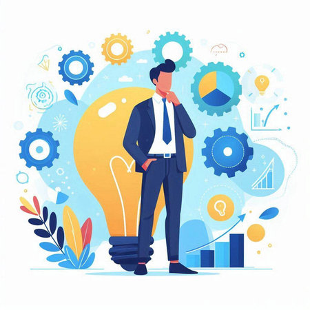 Businessman thinking about new idea. Vector illustration in flat style.のイラスト素材