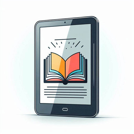 Tablet computer with open book on screen, education concept, vector illustrationのイラスト素材