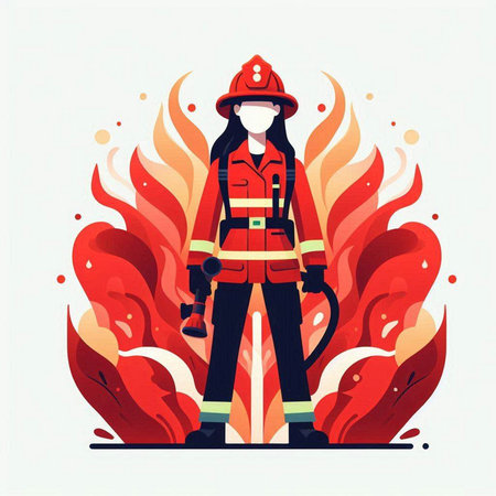 Firefighter in uniform and helmet on fire background. Vector illustration.のイラスト素材